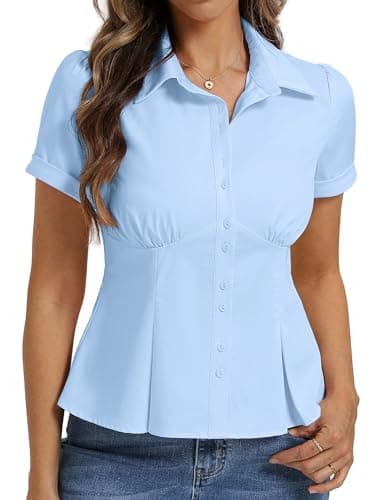 Belle Poque Womens Short Sleeve Button Down Shirts Work Tops Blouses for Women Dressy Casual (Light Blue,M) - Image 1