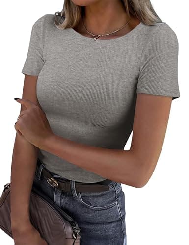 GKBK Womens Short Sleeve Tops Crew Neck Ribbed Fitted Tight Shirts Layering Top Basic Tee Tshirts Cute Summer Tops Casual Spring Clothes Outfits 2026 Trendy Light Grey - Image 1