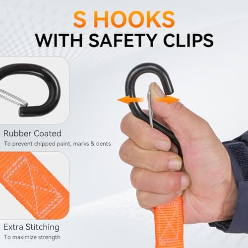 4 Pack Ratchet Straps Tie Downs Heavy Duty 1500 LBS Break Strength, Orange Tie Down Straps with S Hooks and Safety Clips, 4 Bungee Cords, Storage Bag for Motorcycle, Truck, Cargo, UTV, Trailer - Thumbnail 3