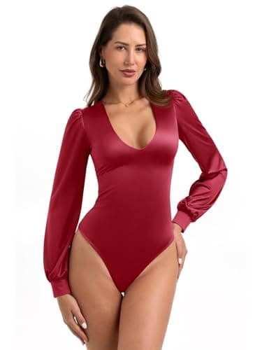 PINKMSTYLE Womens Sexy Satin Silk Plunge V Neck Long Sleeve Body Suits Going Out Rave Outfits Red Small - Image 1