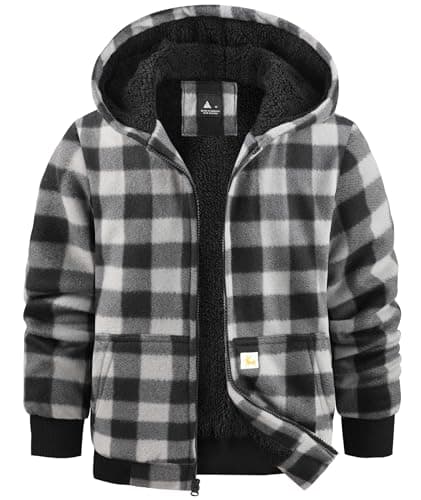 Dekomere Boys Zip Up Hoodies Fleece Plaid Jacket Kids Hooded Sweatshirts Sherpa Lined Coat - Image 1