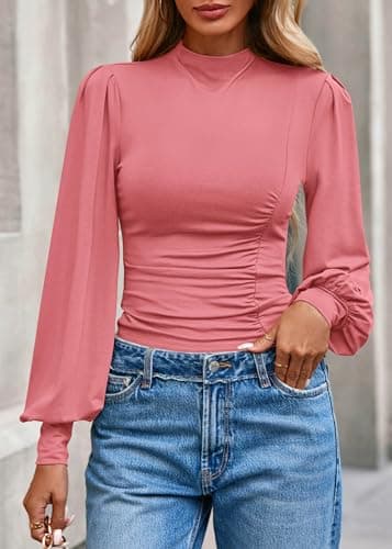 KIRUNDO Blouses for Women Dressy Casual 2026 Spring Tops Fall Puff Long Sleeve Shirts Fitted Mock Neck Ruched Trendy Tops(Pink, X-Small) - Thumbnail 3