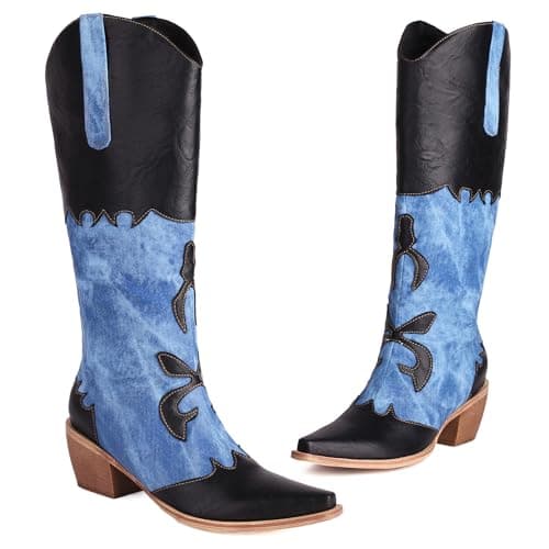 Cozivwaiy Women Denim Cowboy Boots Patchwork Knee High Cowgirl Boots Black Colorblock Western Jean Boot Mid Calf Pointed Toe Chunky Heel Pull On Size 8.5 - Image 1