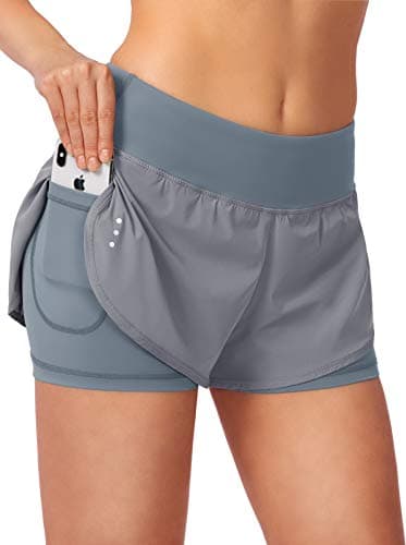 Soothfeel Women's Running Shorts with Zipper Pocket 2 in 1 High Wasited Workout Athletic Gym Yoga Spandex Shorts for Women, Light Grey - Image 1