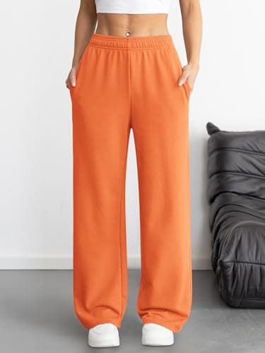 ATHMILE Women's Wide Leg Sweatpants High Waisted Baggy Interior Drawstring Joggers Straight Leg Sweat Pants with Pockets Orange - Thumbnail 2