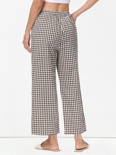 Lallabai 2026 Women Striped Gingham Palazzo Cropped Pants Lounge Boxer Pajama Pants Wide Leg PJ Bottoms Trousers with Pockets - Thumbnail 3