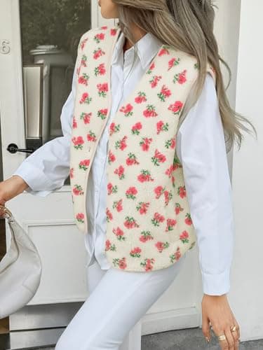 Cicy Bell Womens Fuzzy Fleece Vest Fall Floral Sleeveless Sherpa Jacket Lightweight Button Down Warm Outerwear with Pockets - Thumbnail 4