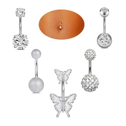 JBUJBU 5 Pcs Belly Button Rings Set - 14G Hypoallergenic Surgical Steel CZ Navel Piercing Jewelry, Silver Clicker Belly Rings for Women, Butterfly & Ball Design Belly Rings - Image 1
