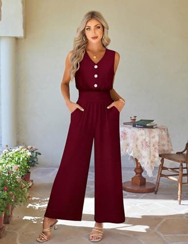 LOOKBOHO Summer Jumpsuits Women Casual Sleeveless V Neck Stretchy Lightweight Romper Wide Leg Pant Outfit 2026(WR,M) - Thumbnail 6