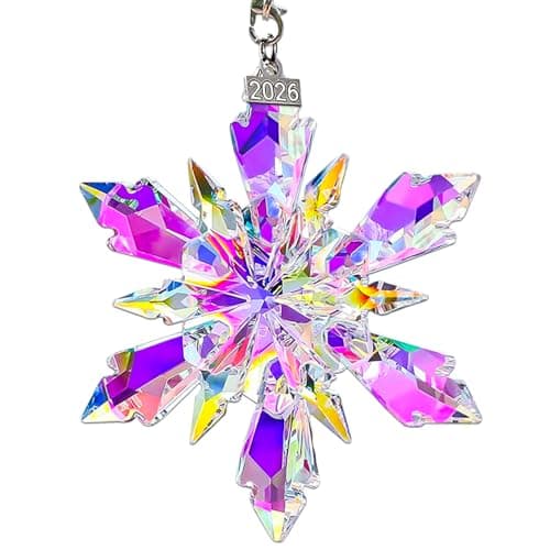 2026 Annual Christmas Ornaments, Crystal Snowflake Ornaments for Christmas Tree, Unique Elegant Cute Sparkly Ornament Gift for Women, with Crystal Bead Strings and Blue Ribbon