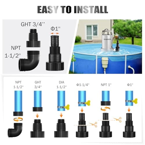 SHANGDA Sump Pump Submersible 1HP Dirty/Clean Water Transfer Pump 4500GPH Portable Electric Water Pump for Pool Draining Hot Tub Flooded Basement Ponds Garden Yard with Adapters - Thumbnail 6
