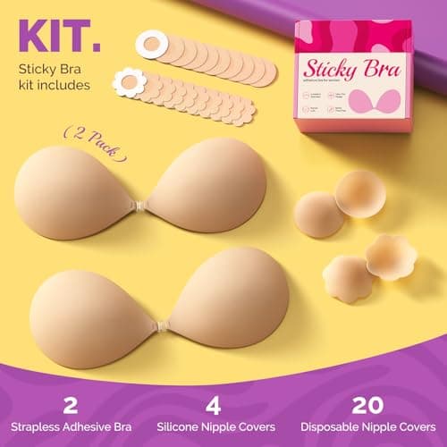 VogaChic Invisible Sticky Bra Push Up, Reusable Adhesive Bra for Backless Dress, Seamless Silicone Nipple Covers for Women's Exotic Bustiers & Corsets (B Cup, Beige, 2PCS) - Thumbnail 5