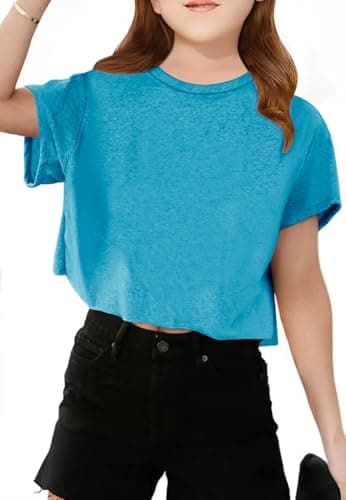 Girls Short Sleeve Crop Tops Kids Fashion Athletic Crew Neck Cropped T Shirts Casual Basic Tees Lake Blue - Image 1