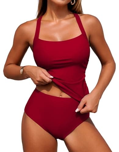 ZAFUL Tankini Swimsuits for Women 2025 Tummy Control Two Piece Bathing Suits Ruched Tankini Tops Swimwear Red XL