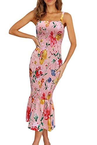 PRETTYGARDEN Women's Summer Floral Midi Tank Dress Sleeveless Strappy Ruffle Hem Smocked Bodycon Dresses (Pink Red Big Floral,Large) - Image 1