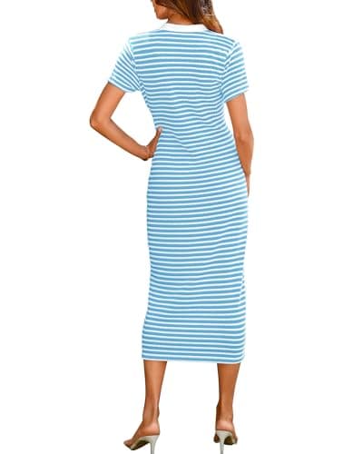 BTFBM Women Casual Summer Dresses Short Sleeve Striped Midi Dresses Decorative Button Ribbed Knit Party Dress(Light Blue,Medium) - Thumbnail 2
