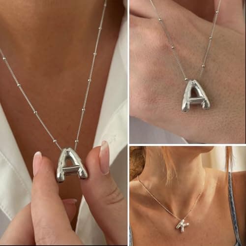 BOLAGTIER Bubble Letter Necklace Gold Plated Balloon Initial Chunky Bubble Alphabet Pendant Necklace Trendy Jewelry Gift for Women (O, Silver) - Thumbnail 5