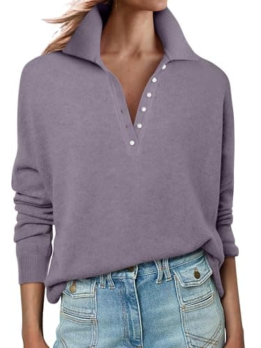 ANRABESS Womens Long Sleeve Polo Sweaters Knit Button Shirt Lightweight Dressy Casual Basic Pullover Tops 2025 Fall Fashion Nutmeg Small - Image 1