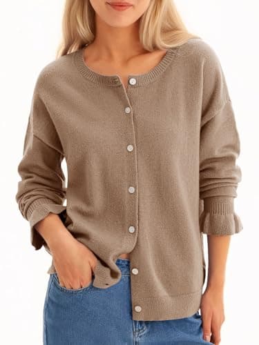 Saodimallsu Womens Cardigan Sweaters Button Down Knit 2025 Fall Ruffle Long Sleeve Sweater Open Front Trendy Outwear Dark Khaki - Thumbnail 4