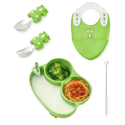 Ecrekhom Silicone Baby Feeding Set 5 Pcs, Weaning Supplies, Frog Baby Plates Baby Spoon & Fork, Baby Utensils Feeding Essentials - Image 1