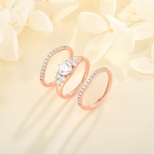 Vinoya 925 Sterling Silver Wedding Rings for Women Cubic Zirconia Rose Gold Plated Rings Three-in-One Engagement Promise Eternity Bands for Bridal Stackable Ring Size 7 - Thumbnail 2