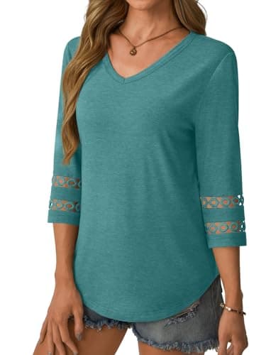 GKBK 3/4 Length Sleeve Womens Tops Dressy Casual Blouses for Women 2026 Trendy Lace Tunic Business V Neck Outfits Loose Fit Tshirts Shirts Fall Summer Clothes Cyan M - Thumbnail 4