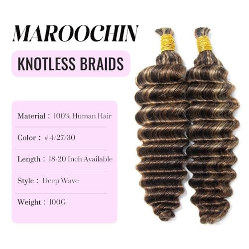 Boho Human Hair for Braiding #4/27/30 100% Brazilian Human Braiding Hair 100G Deep Wave Braiding Human Hair for Boho Braids 18 Inch - Thumbnail 2
