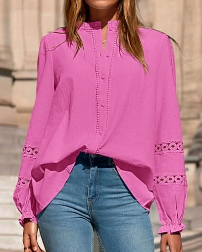 KIRUNDO Going Out Tops for Women 2026 Spring Fashion Boho Cotton Eyelet Long Sleeve Button Up Shirt Lace Dressy Casual Blouse(Hot Pink, Small) - Thumbnail 5