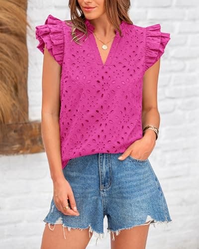 BTFBM Women Summer Eyelet Tops Dressy Casual V Neck Ruffle Cap Sleeve Cotton Boho Shirts Lace Embroidered Blouses 2025(Rose Red, X-Large) - Thumbnail 5