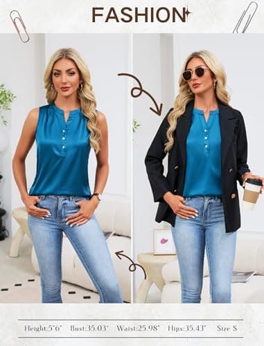Leikar V Neck Blouses for Women Dressy Casual Top Sleeveless Camisole Silk Satin Tank Tops Work Shirts Teal - Thumbnail 4