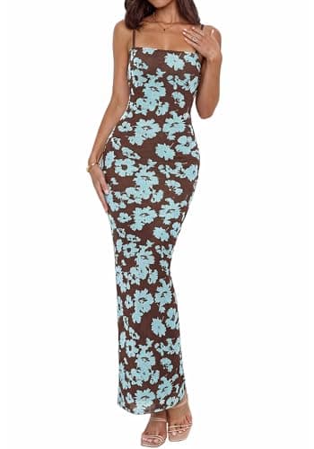 BTFBM Womens Maxi Dress 2026 Spring Floral Sexy Spaghetti Straps Sleeveless Bodycon Summer Beach Wedding Guest Dresses(Floral Blue, Small) - Image 1