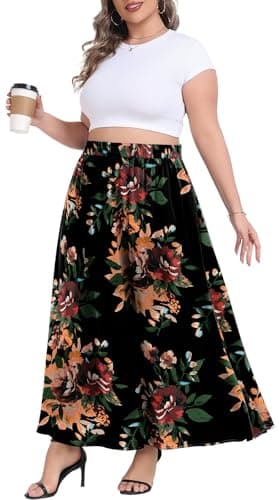 Lastshe Plus Size Maxi Skirts for Women Casual Elastic High Waisted Hide Drawstring Flowy A-line Long Skirt with Pockets,Brown Floral Black,3X - Image 1