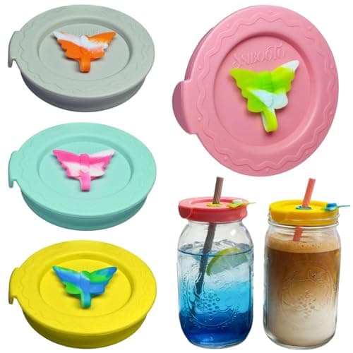 SSIBOOTO 4 Pack Silicone Mason Jar Lids with Straw Hole,Mason Jar Drinking Lids for Ball, Kerr and More,Fit Regular Mouth & Wide Mouth,Leak-Proof,Dishwasher Safe (Mixed&Single Color) - Image 1