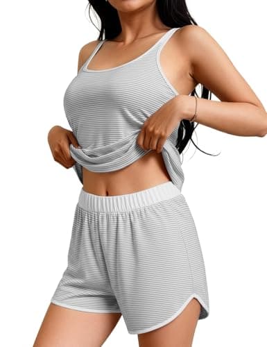 JUSTFASHIONNOW Womens Striped Tank Top Pajama Set 2 Piece Summer Cami and Shorts Pjs Set Comfy Sleeveless Sleepwear(Gray,X-Large) - Image 1
