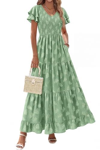 dowerme Maxi Dresses for Women 2026 Summer Ruffle Sleeve V Neck Smocked A Line Floral Boho Tiered Sundress Spring Outfit(Green,Large) - Image 1