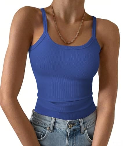 GKBK Women's Tank Tops 2026 Spaghetti Strap Ribbed Knit Scoop Neck Sleeveless Shirts Summer Casual Basic Tanks Royal Blue L - Image 1