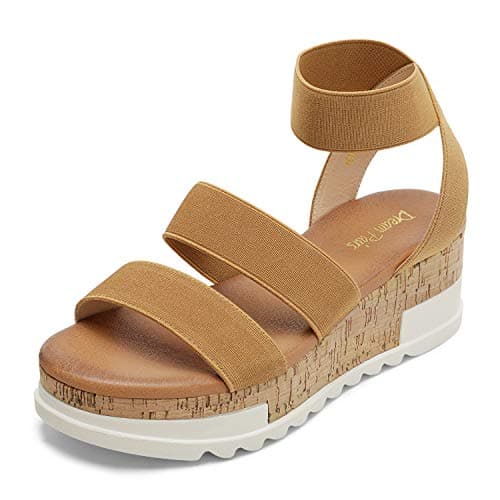 DREAM PAIRS Women's Open Toe Elastic Ankle Strap Casual Flatform Platform Wedges Sandals,Size 5,Camel,REED-1 - Image 1