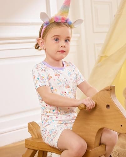 babee Reshinee Bamboo Viscose Toddler Unicorn Girls Kids Pajamas Short Sleeve Summer Cool Snug fit Pjs 18M-24M 2pcs - Thumbnail 4