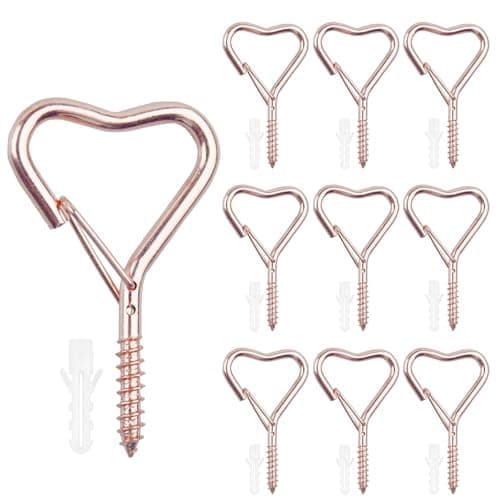 10 Pack Heart Shaped Decorative Screw Hooks for Hanging, 2.36" Cute Metal Ceiling Hooks for Plants, String Lights, Keys & Home Decorations, Decorative Wall Hooks for Indoor Outdoor Use, Rose Gold