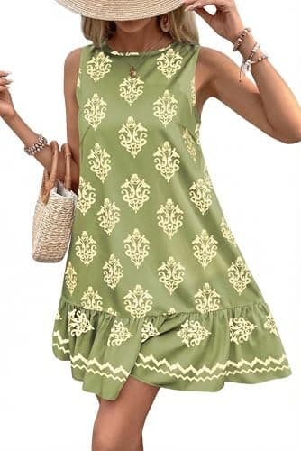 BLENCOT Floral Dress for Women 2026 Vacation Round Neck Sleeveless Casual Spring Ruffle A-line Summer Mini Dress Green X-Large - Image 1