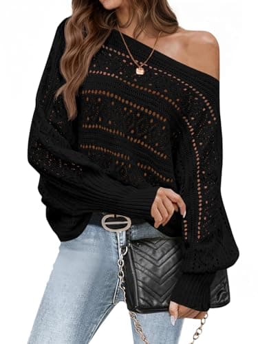 Saodimallsu Womens Off The Shoulder Sweaters Fall 2025 Oversized Knit Batwing Long Sleeve Crochet Pullover Sweater Tops Black - Image 1