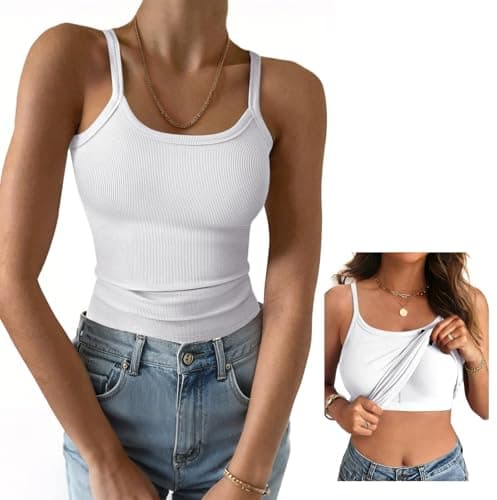 GKBK Women's Sleeveless Built in Bra Tank Top Form Fitting Scoop Neck Ribbed Knit Basic Padded Cami Shirts White S - Image 1
