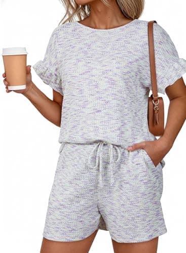 Dokotoo Women's 2 Piece Outfits Summer Casual Short Sleeve Top and Shorts Set Soft Lounge Matching Sets for Vacation Going Out with Pockets White Purple Small - Image 1