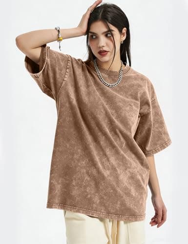 Yimoon Oversized Tshirts for Women Acid Wash Cotton Tee Shirts Baggy Boyfriend Vintage Streetwear Tops(Blackgreykhaki-XLarge) - Thumbnail 2