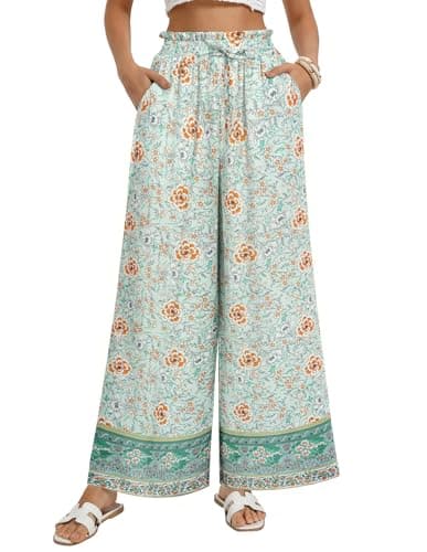 GRACE KARIN Flowy Pants Women 2026 Summer Trendy Drawstring Ruffle High Waisted Wide Leg Palazoo Pants with Pockets Casual Trousers Green Floral S - Image 1