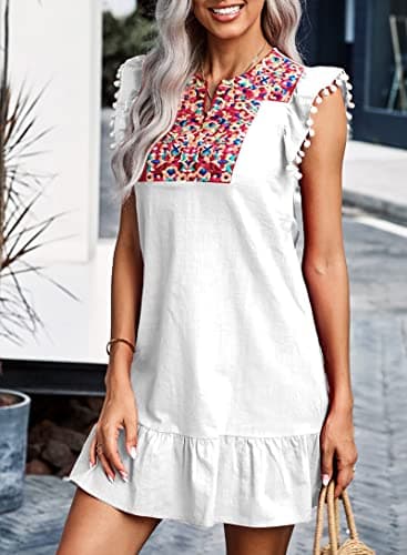 KIRUNDO Women's 2026 Summer Mini Dress Spring Casual V Neck Floral Embroidered Ruffle Sleeveless Shift Flowy Boho Dress (B-White, X-Large) - Thumbnail 2