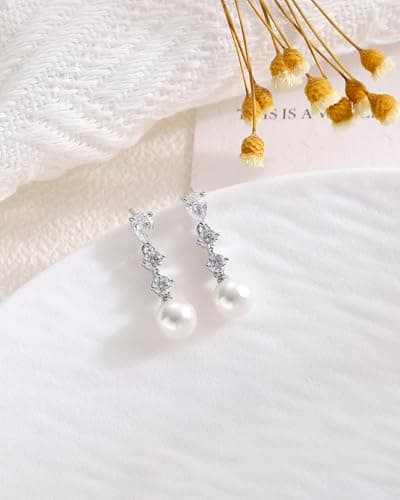 Pearl Earrings for Women, Trendy Silver Diamond Pearl Drop Earrings Bridal Shower Gifts Wedding Gifts for Women - Thumbnail 4