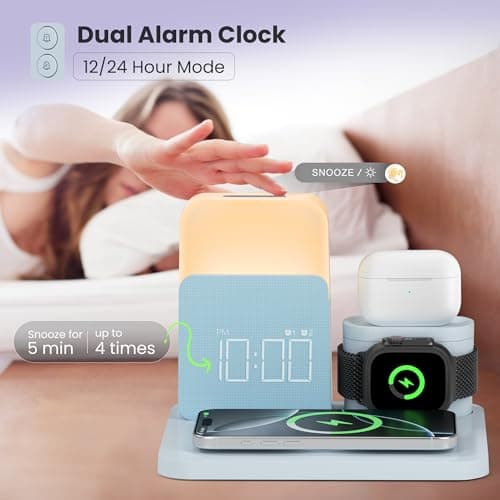 Alarm Clock Charging Station for Bedrooms, 7 in 1 Wireless Charging Station, Magnetic Charger with Night Light Bedside Clock for iPhone 17 16 15 14 13 12 Pro Max, Apple Watch, AirPods (Blue) - Thumbnail 3