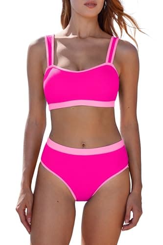 MOOSLOVER Women Bandeau High Waisted Bikini Sets Cheeky High Cut Swimsuit 2 Piece Bathing Suits (XL,Pink) - Image 1