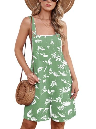 Moodclo Womens Romper White Flower Green 2X-Large Casual Loose Sleeveless 2025 Summer One Piece Outfit Short Jumpsuit Overall Outfits & Pockets - Image 1